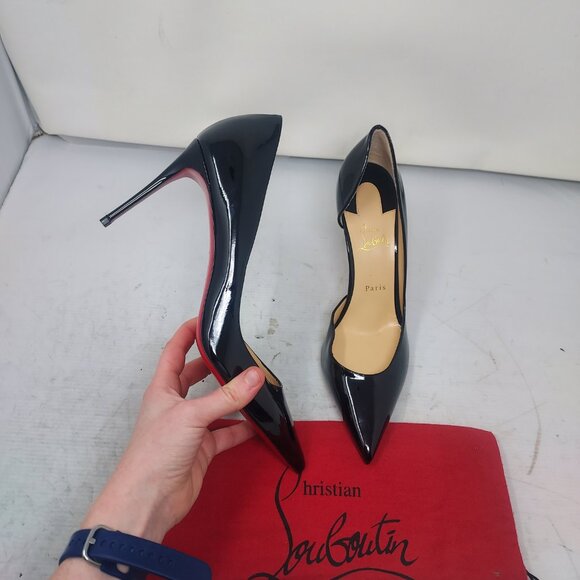 Christian Louboutin Patent Black Iriza Leather Half-d'Orsay Pump Heel Shoe - Picture 1 of 13